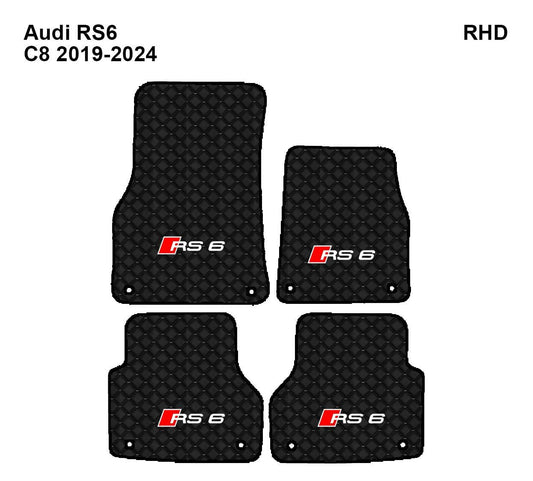 Audi RS6 2019-2024 C8 İçin R.H.D Deri Oto Paspasları, Özel Tasarım, Özel Nakış Logo, Aracınıza Özel Paspas Deseni